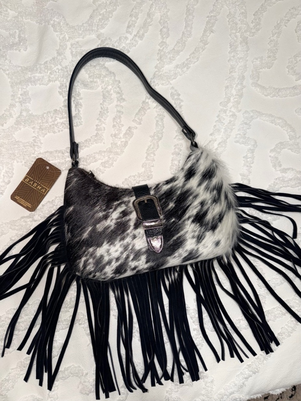 Black & White Fringe Cowhide Shoulder Bag